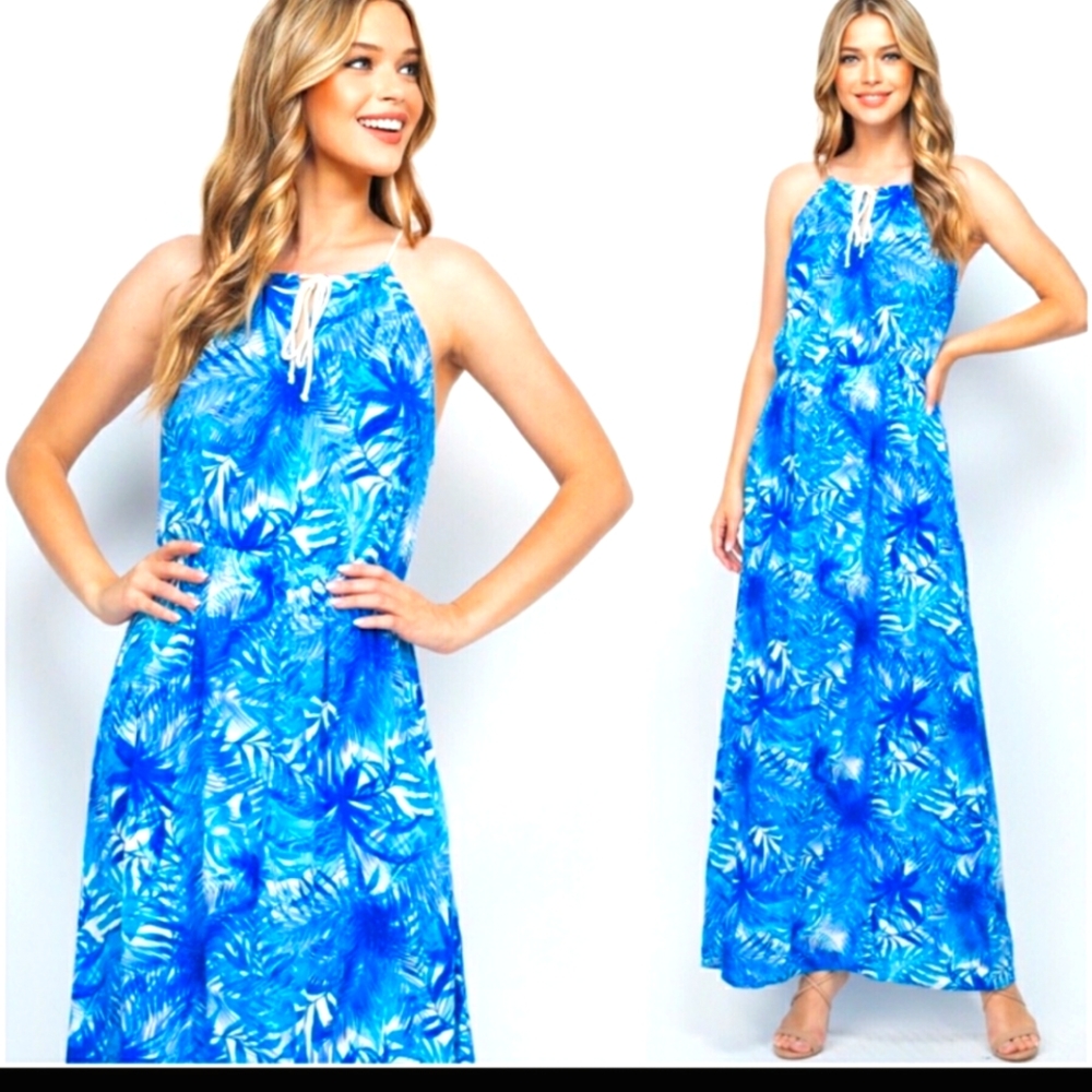 Tropical blue leaves beautiful summer dress
